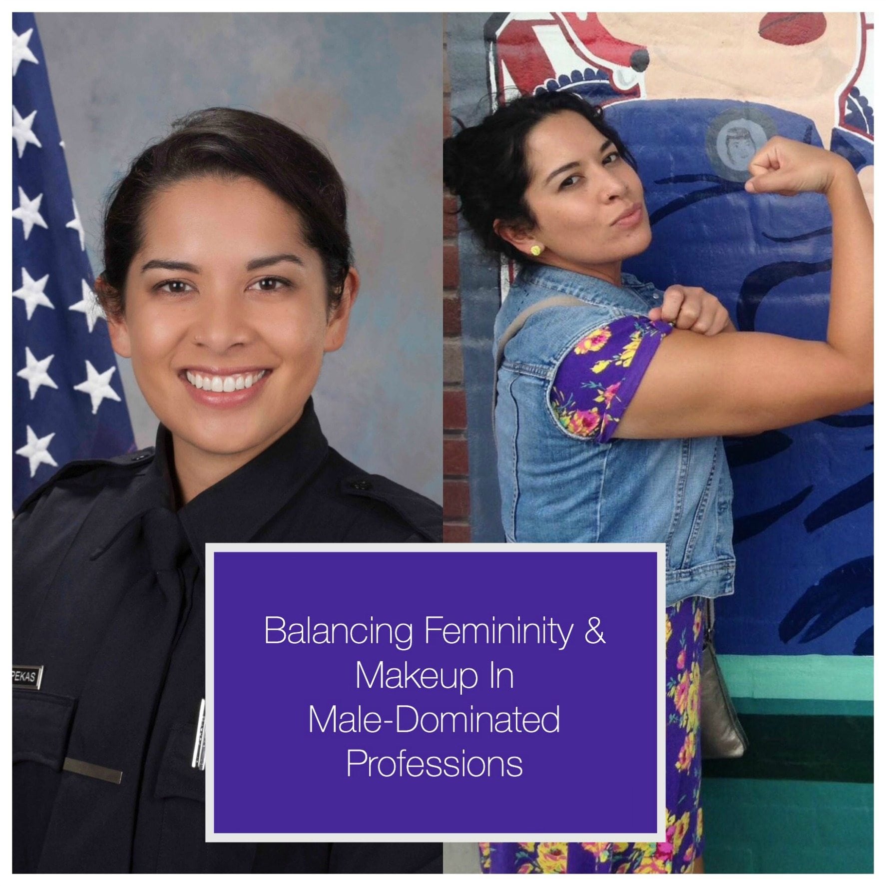 balancing femininity and makeup in male dominated professions, photo of female detective in uniform and out of uniform