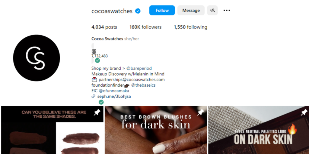 screenshot of Cocoaswatches Instagram page