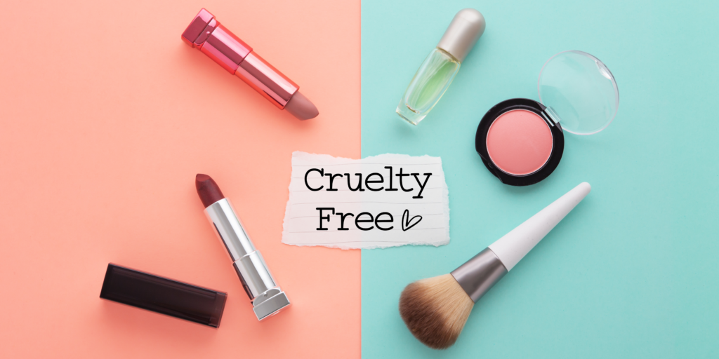 An image featuring makeup items accompanied by the "cruelty-free" label.